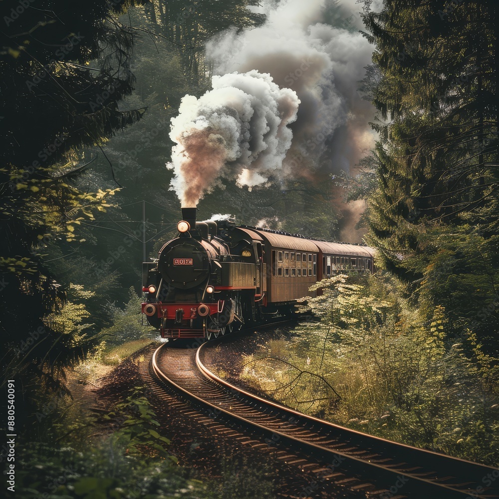 Obraz premium Steam Train in the Forest - A vintage steam train emerges from a dense forest, leaving a trail of smoke behind it. The image captures the essence of old-world travel and adventure, with the train's pr