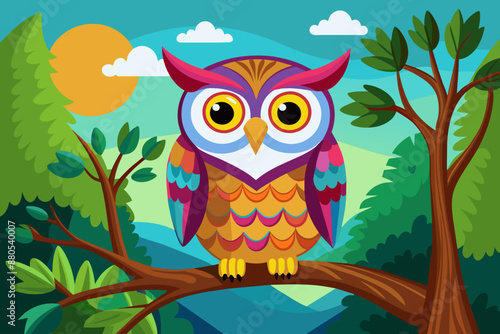 Colorful owl sit on the tree Design