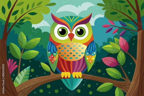 Colorful owl sit on the tree Design