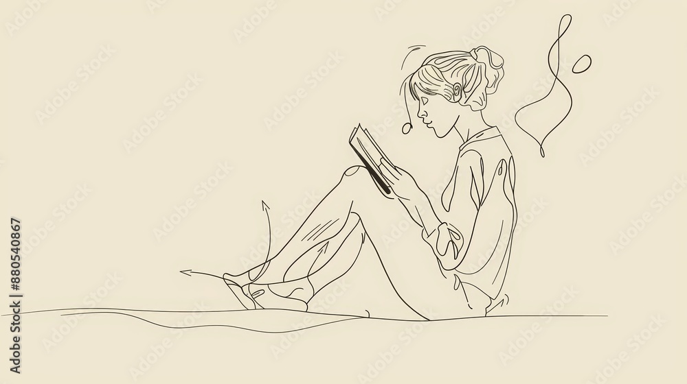 Woman Reading With Headphones and Music Notes - Line art illustration of a woman sitting and reading a book with headphones on and music notes around her, representing a peaceful and relaxing experien Woman Reading With Headphones and Music Notes - Line art illustration of a woman sitting and reading a book with headphones on and music notes around her, representing a peaceful and relaxing experien