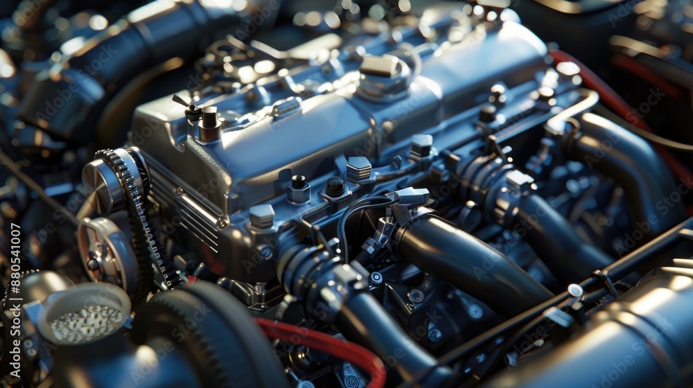 A detailed view of a car engine, ideal for automotive or technical use A detailed view of a car engine, ideal for automotive or technical use