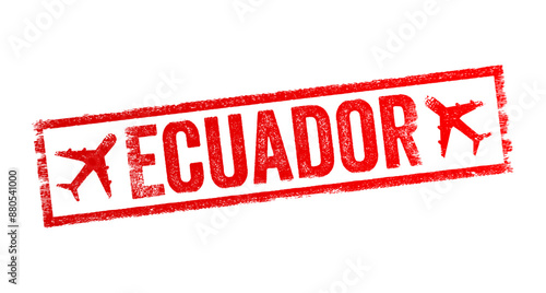 Ecuador - is a country in northwestern South America, text emblem stamp with airplane