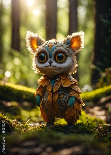 Medium shot, Adorable creature with big reflective eyes, moody lighting, best quality, full body portrait, real picture, intricate details, depth of field, in a forest, fujifilm xt3, outdoors, bright  photo