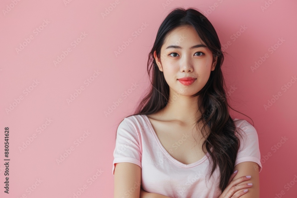 Beautiful young Asian woman with healthy and perfect skin on isolated pink background.
Beautiful young Asian woman with healthy and perfect skin on isolated pink background.