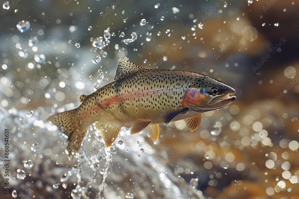 graceful rainbow trout leaps from crystalclear mountain stream its iridescent scales glistening in the sunlight droplets of water spray around the fish in this highdefinition wildlife capture graceful rainbow trout leaps from crystalclear mountain stream its iridescent scales glistening in the sunlight droplets of water spray around the fish in this highdefinition wildlife capture