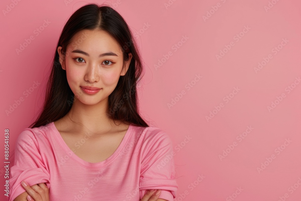 Fototapeta premium Beautiful young Asian woman with healthy and perfect skin on isolated pink background. 