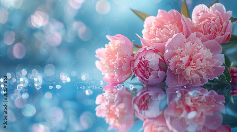 spring beautiful peonies flowers around on pink background spring beautiful peonies flowers around on pink background