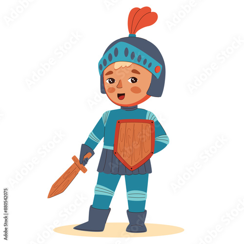 Cute boy dressed as a knight with a wooden sword and shield vector illustration