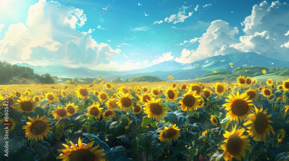 Obraz premium Vibrant sunflowers bloom in fields beneath a azure canvas.