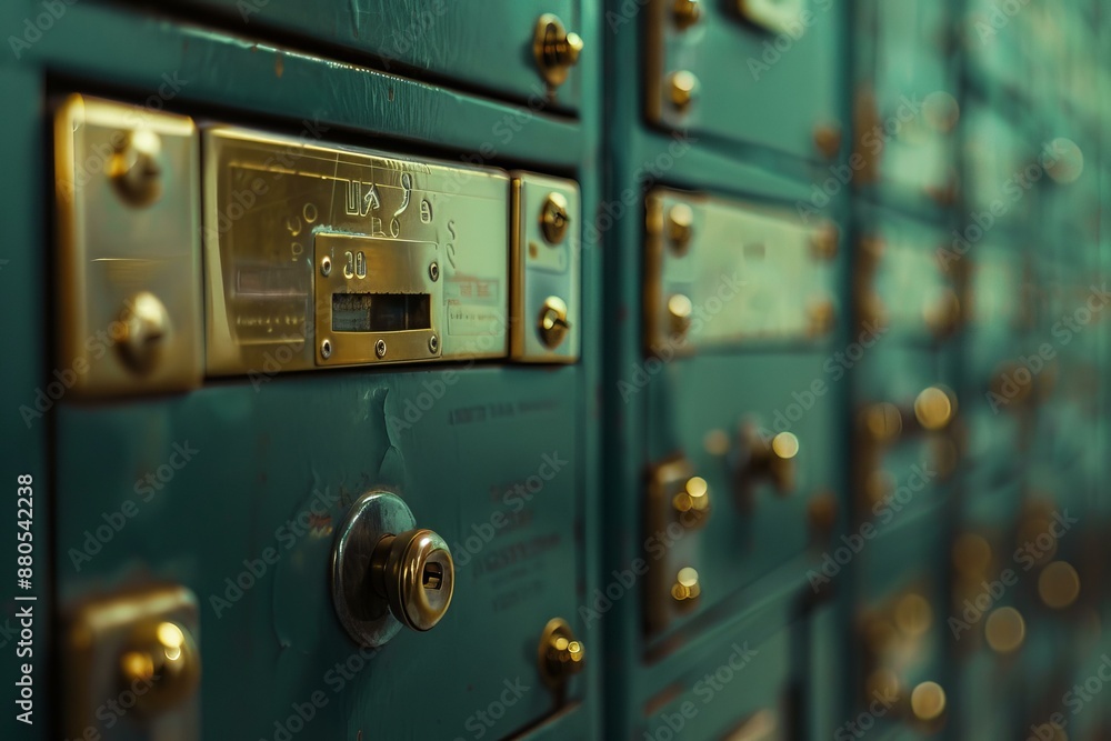 Close up of old safe deposit boxes with golden locks in a bank vault Close up of old safe deposit boxes with golden locks in a bank vault