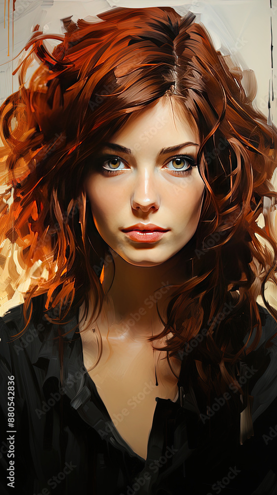 Fototapeta premium A Gorgeous Young Brown Haired Women Portrait With Minimalistic Brush Painting On Canvas