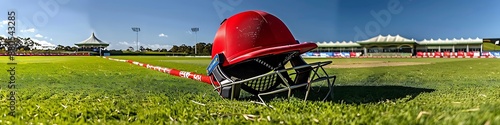 A red cricket batting helmet featuring a robust protective grill, lying on the manicured grass of a cricket field, with boundary ropes and pavilion in view under a clear sky.