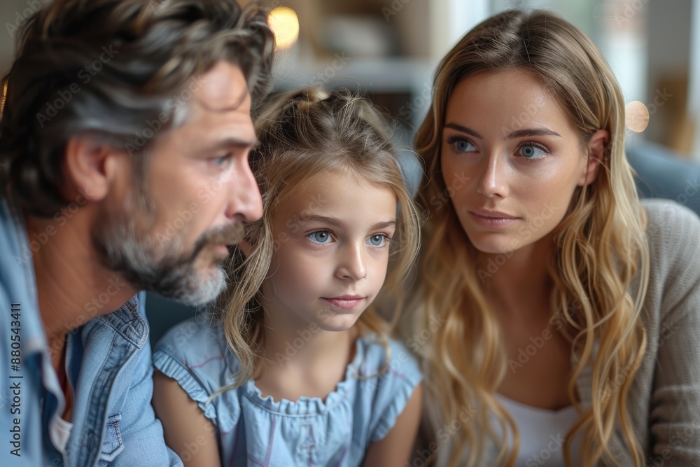 A close-up of a family gathering with focused parents and an attentive young girl, depicting love, unity, and togetherness in a cozy home setting with soft lighting. A close-up of a family gathering with focused parents and an attentive young girl, depicting love, unity, and togetherness in a cozy home setting with soft lighting.