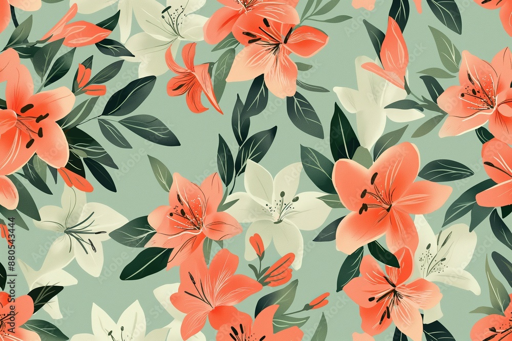 Fresh Garden Beauty, Mint Green and Coral Lily Pattern, Seamless Pattern with Flowers and Leaves. Hand Drawn Background. Floral Pattern for Wallpaper, Fabric, Textile, Fashion, Print Fresh Garden Beauty, Mint Green and Coral Lily Pattern, Seamless Pattern with Flowers and Leaves. Hand Drawn Background. Floral Pattern for Wallpaper, Fabric, Textile, Fashion, Print