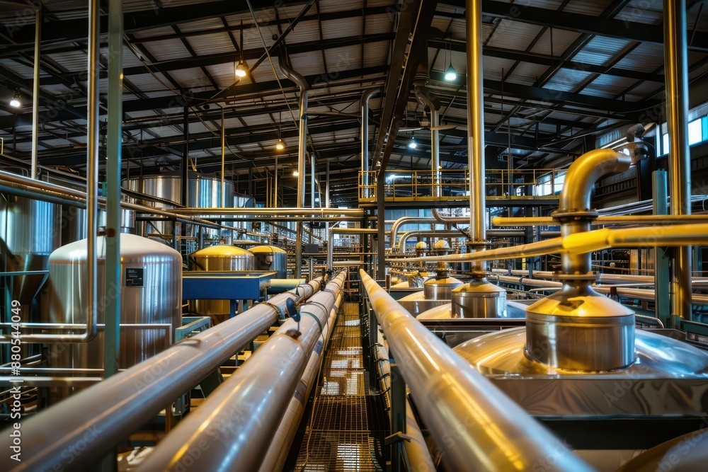 industrial sugar refinery sprawling factory interior with gleaming stainless steel vats conveyor belts and intricate piping system processing raw cane into refined sugar industrial sugar refinery sprawling factory interior with gleaming stainless steel vats conveyor belts and intricate piping system processing raw cane into refined sugar