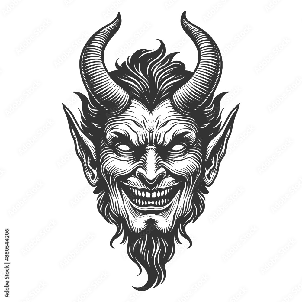 Devil devilish figure smiling with horns and a mischievous expression sketch engraving generative ai fictional character vector illustration. Scratch board imitation. Black and white image. Devil devilish figure smiling with horns and a mischievous expression sketch engraving generative ai fictional character vector illustration. Scratch board imitation. Black and white image.