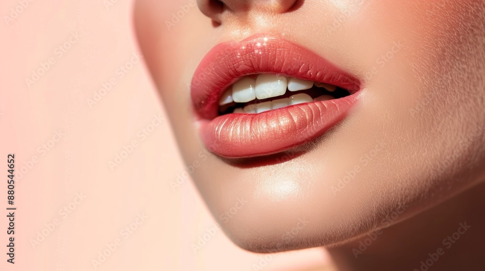 Fototapeta premium Close-up of beautiful lips with light pink lipstick
