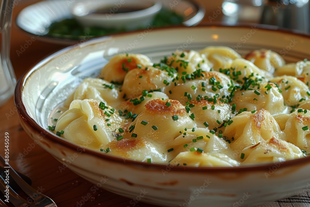 A serving of pelmeni, Russian dumplings filled with meat, topped with melted butter and a sprinkle of chives. A serving of pelmeni, Russian dumplings filled with meat, topped with melted butter and a sprinkle of chives.
