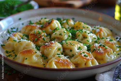 A serving of pelmeni, Russian dumplings filled with meat, topped with melted butter and a sprinkle of chives.