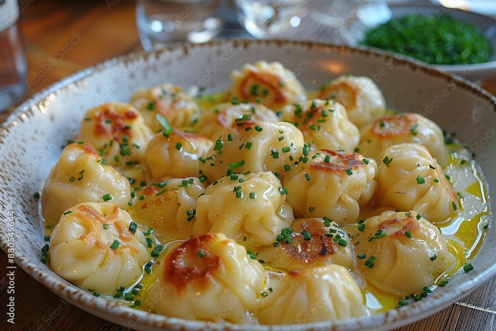 A serving of pelmeni, Russian dumplings filled with meat, topped with melted butter and a sprinkle of chives. A serving of pelmeni, Russian dumplings filled with meat, topped with melted butter and a sprinkle of chives.