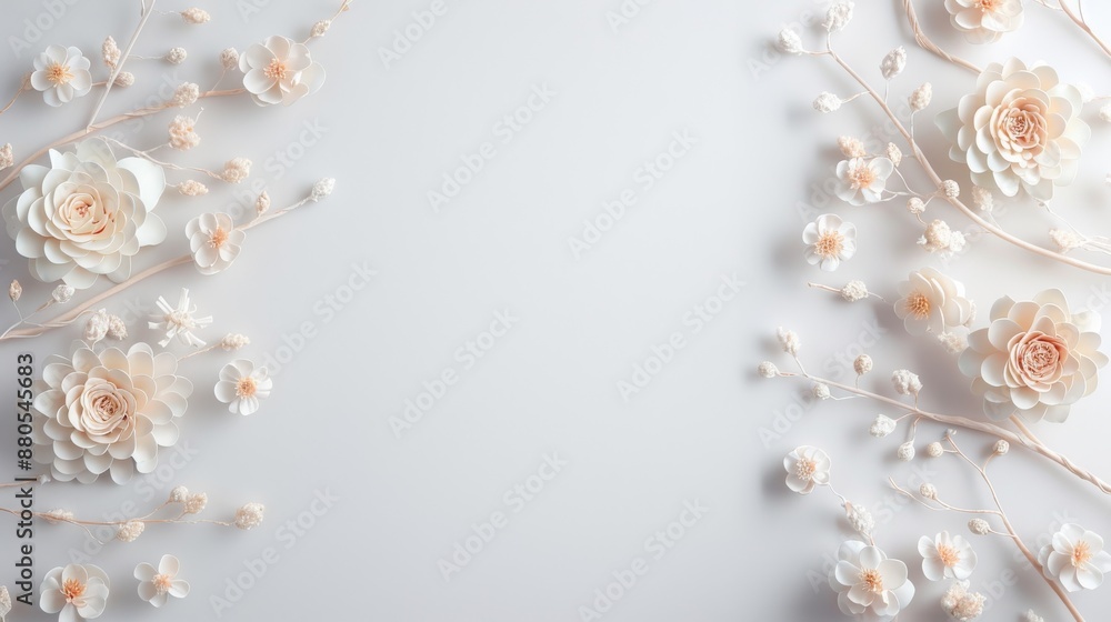 Elegant floral arrangement on a white background with delicate beige and white flowers, perfect for wedding or invitation designs. Elegant floral arrangement on a white background with delicate beige and white flowers, perfect for wedding or invitation designs.