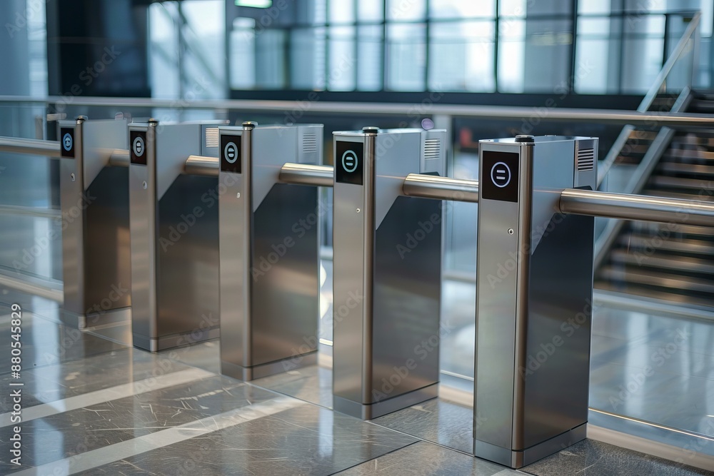 Entrance to the departure area at an airport with a row of automatic ticket gates allowing access Entrance to the departure area at an airport with a row of automatic ticket gates allowing access