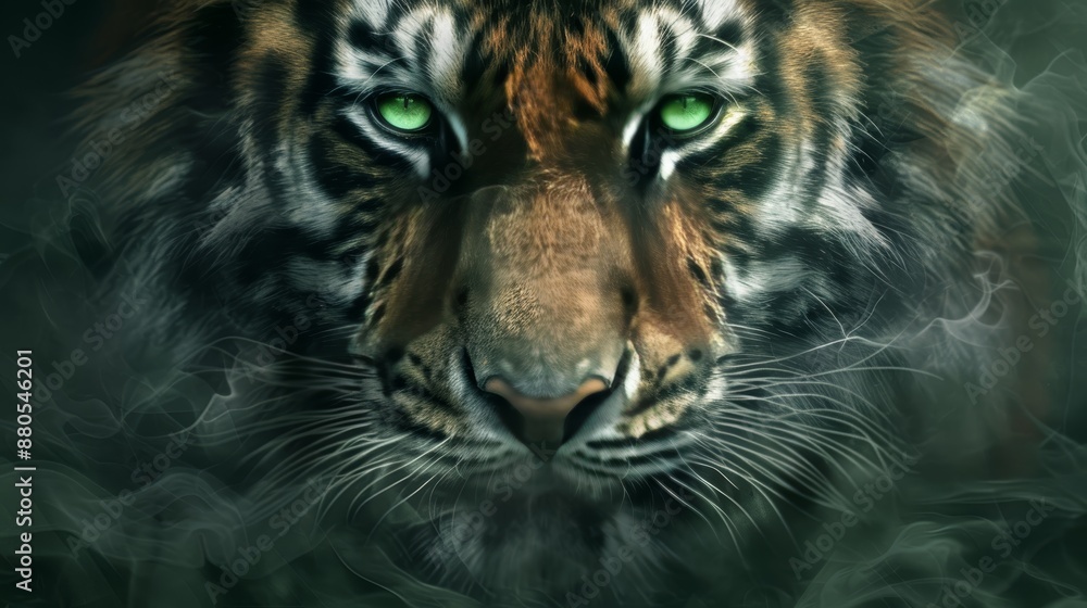 Close-up of a majestic tiger with piercing green eyes emerging from ethereal fog, exuding power and mystery. Close-up of a majestic tiger with piercing green eyes emerging from ethereal fog, exuding power and mystery.