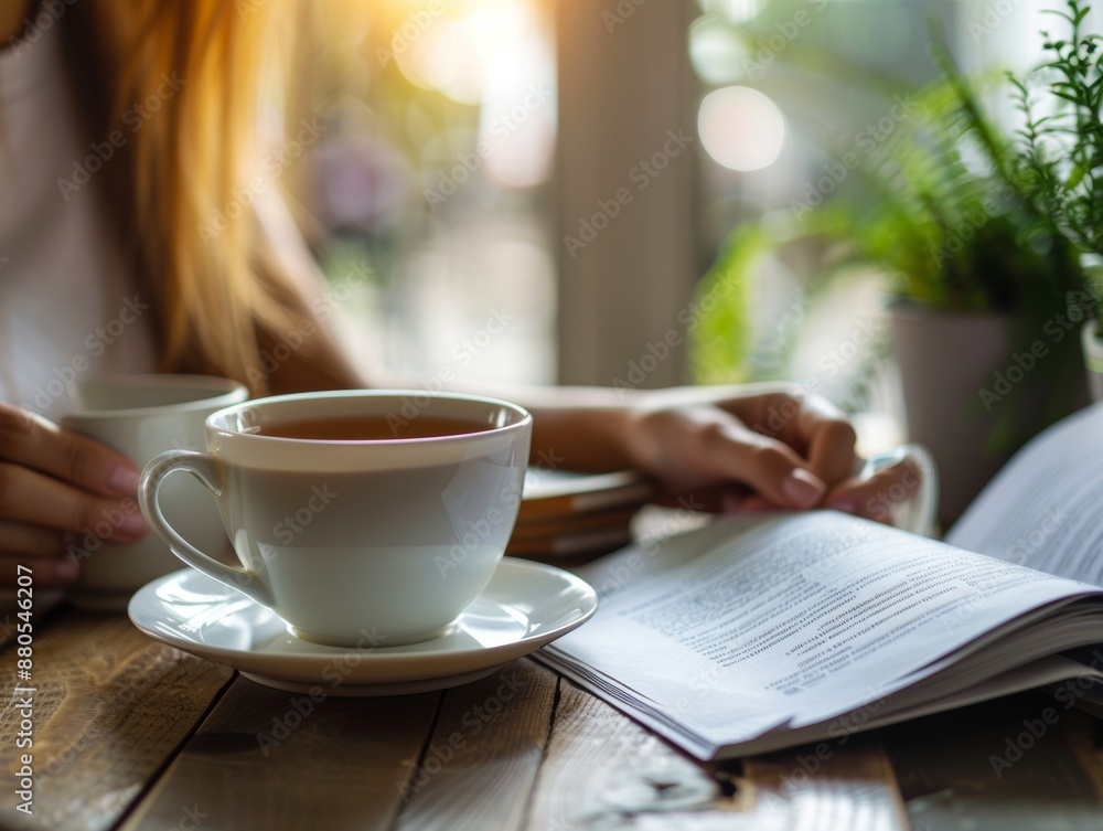 Woman enjoying a cup of tea while reading a book in a cafe. Sunlight ...
