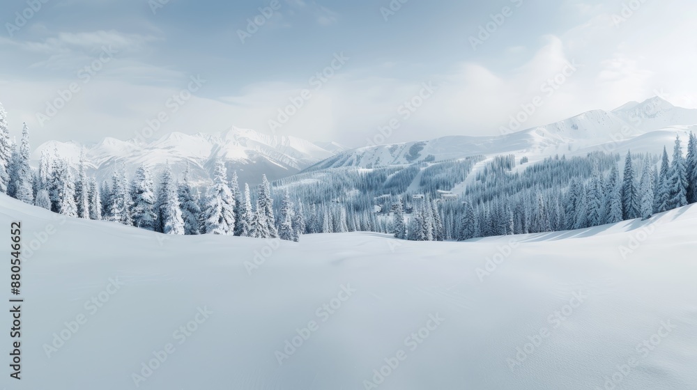 Snow-covered mountainous landscape under clear skies, showcasing serene winter scenery with frosted trees and pristine white snow. Snow-covered mountainous landscape under clear skies, showcasing serene winter scenery with frosted trees and pristine white snow.