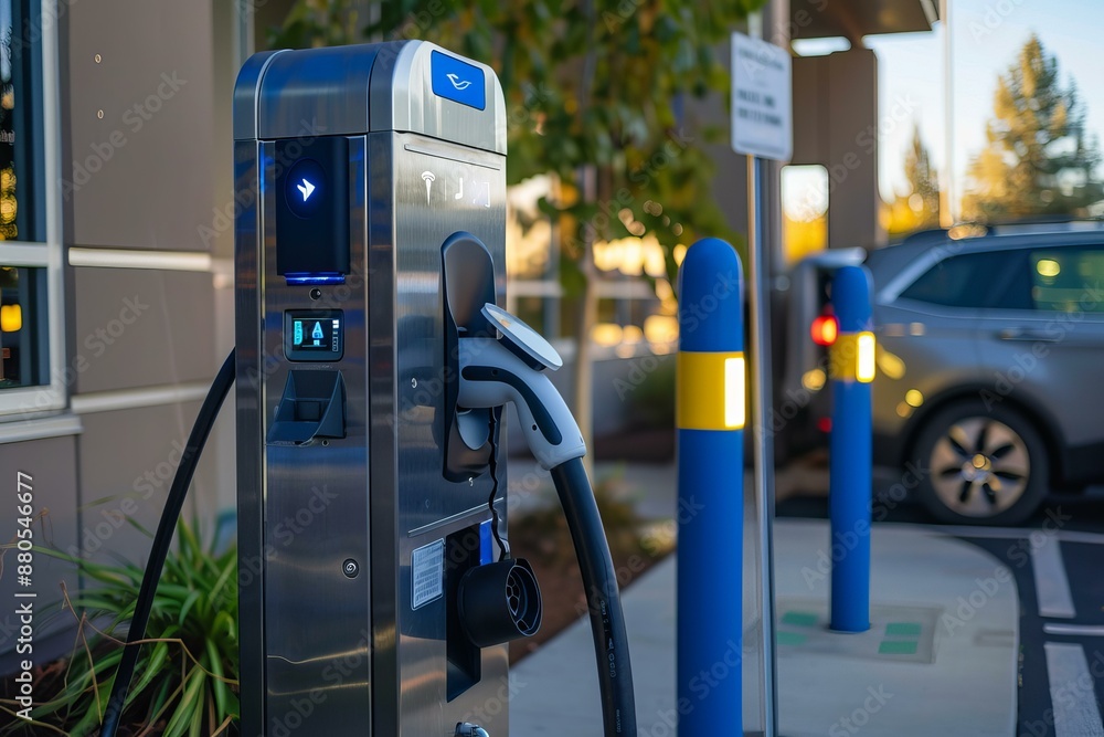 Modern electric vehicle charging station powering up a car parked in a parking lot Modern electric vehicle charging station powering up a car parked in a parking lot