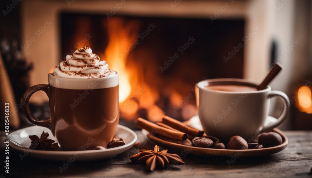 Hot chocolate with whipped cream and spices on a wooden table in front of a fireplace Hot chocolate with whipped cream and spices on a wooden table in front of a fireplace
