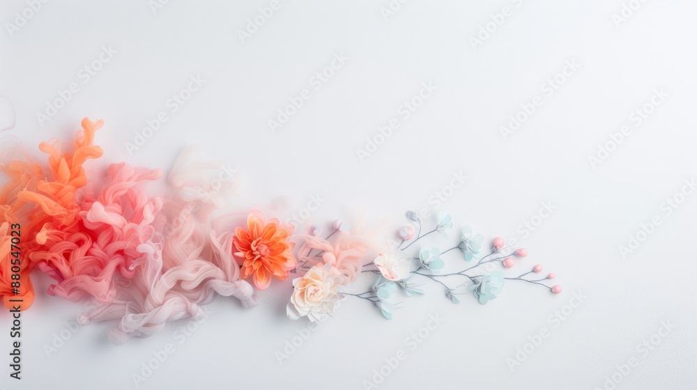 Elegant pastel flowers and leaves on a white background, creating a delicate and artistic design. Ideal for backgrounds or creative compositions. Elegant pastel flowers and leaves on a white background, creating a delicate and artistic design. Ideal for backgrounds or creative compositions.