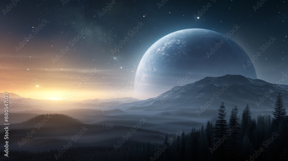 A breathtaking surreal landscape featuring a large planet rising over misty mountains and a glowing sunset sky.