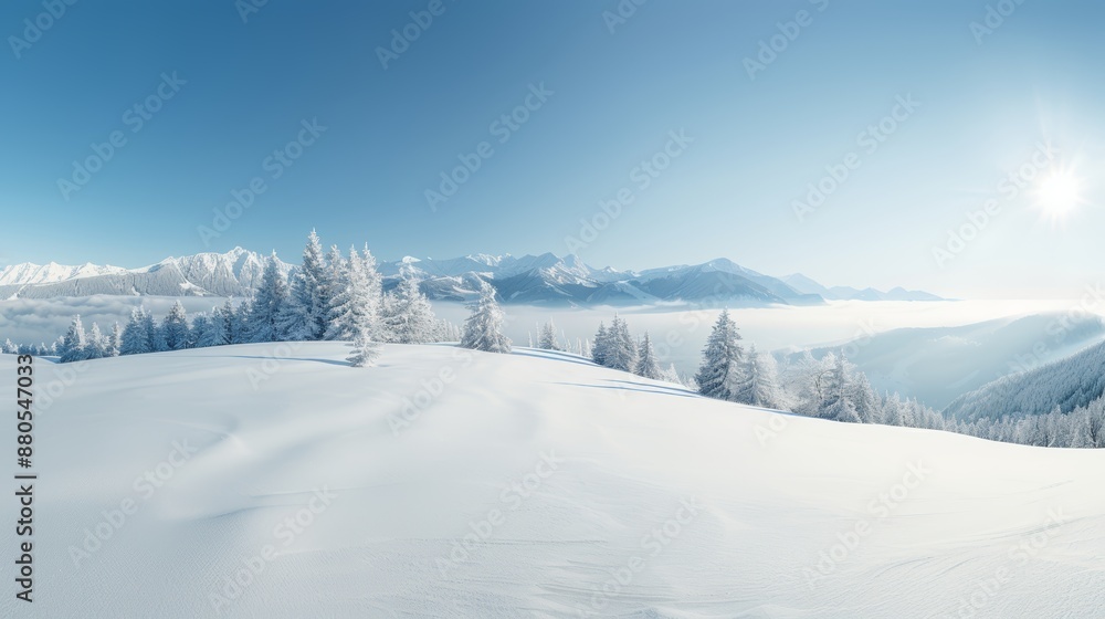 A breathtaking panoramic view of a snowy alpine landscape, with pristine snow-covered trees and distant mountains under a clear blue sky. A breathtaking panoramic view of a snowy alpine landscape, with pristine snow-covered trees and distant mountains under a clear blue sky.