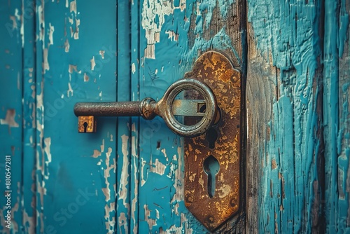 Old rusty key is locking an old blue door, showing a concept of safety or privacy