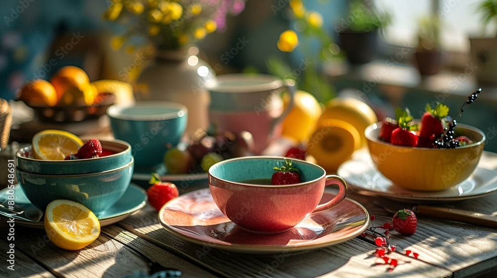 Colorful cups and saucers with strawberries and lemons. Colorful cups and saucers with strawberries and lemons.