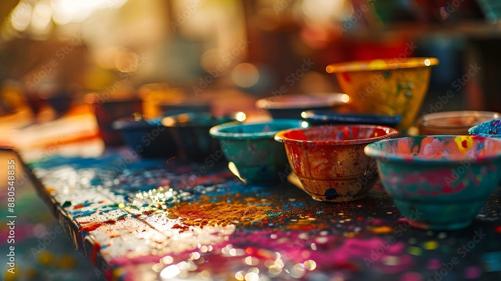 Colorful paint pots on table with bright sun shining. Colorful paint pots on table with bright sun shining.