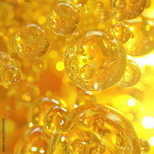 Golden Bubbles Floating in Bright Yellow Liquid with Sunlight Reflections - Abstract Macro Photography