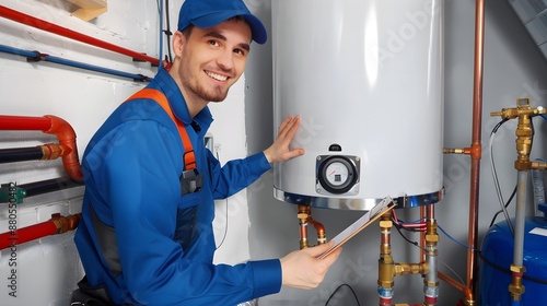 Smiling technician in blue uniform servicing a home water heater system, holding a clipboard