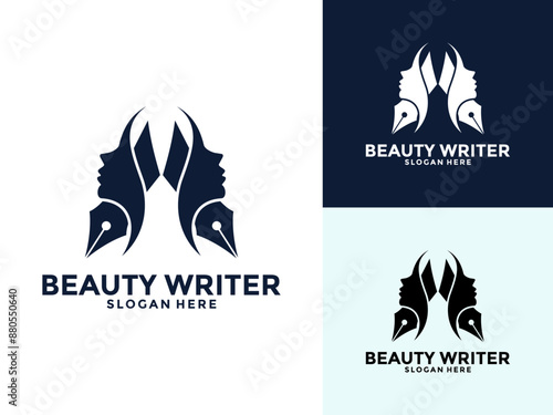 Beauty Writer Women Logo vector, Fountain pen with woman head face for woman writer logo design icon