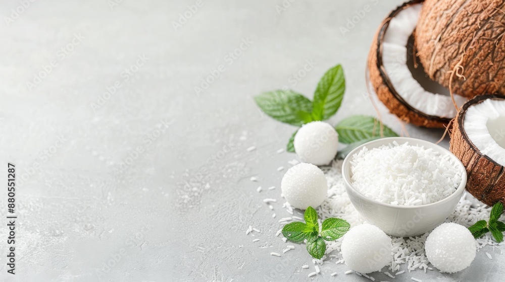 Fresh coconut halves with grated coconut in a bowl, mint leaves, and coconut balls on a light background, highlighting Tropical ingredients. Fresh coconut halves with grated coconut in a bowl, mint leaves, and coconut balls on a light background, highlighting Tropical ingredients.