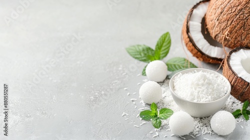 Fresh coconut halves with grated coconut in a bowl, mint leaves, and coconut balls on a light background, highlighting Tropical ingredients.