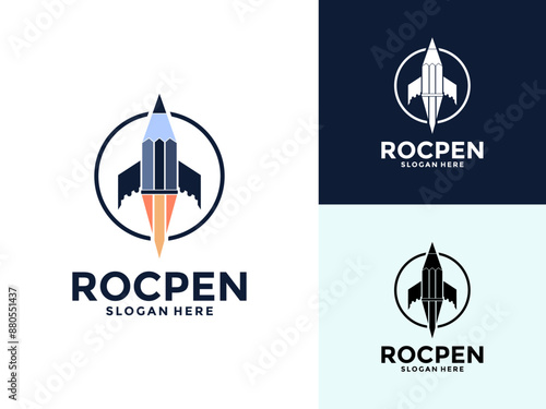 Pen Rocket logo vector template, creative combination speeding rocket with a pen