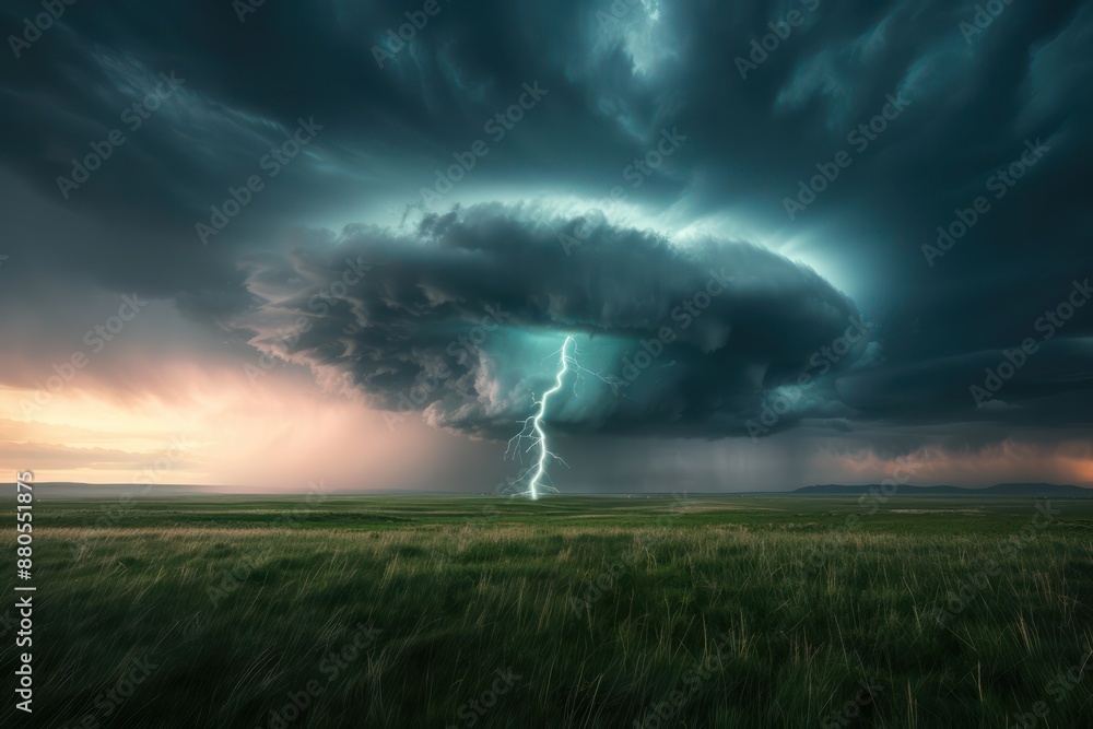 Ominous Twilight An Approaching Twister at Dusk, Capturing the Dramatic Power of Nature's Fury, with a Striking Lightning Bolt Illuminating the Dark Clouds Above a Field of Green Grass Ominous Twilight An Approaching Twister at Dusk, Capturing the Dramatic Power of Nature's Fury, with a Striking Lightning Bolt Illuminating the Dark Clouds Above a Field of Green Grass