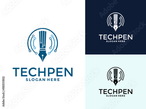 Tech Pen Logo vector. Pen Tech with tech network logo design template.