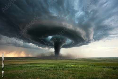 Ominous Twilight Sky with Approaching Tornado, A Dramatic Dusk Image of a Powerful Twister Touching Down in a Green Field