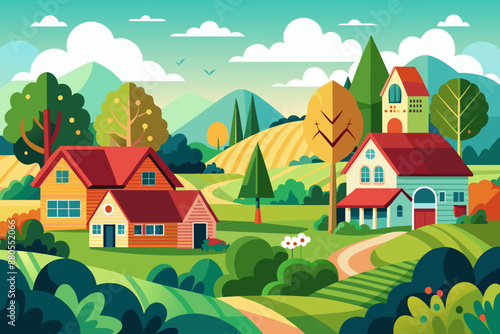 Illustration of a wooden house in the village at one with nature