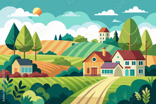 Illustration of a wooden house in the village at one with nature