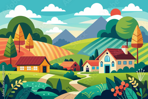 Illustration of a wooden house in the village at one with nature