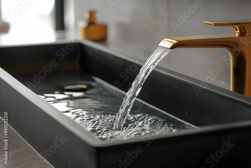 A rectangular wash basin with a matte black finish and running clean water from a sleek, gold tap faucet, close up. The water flows smoothly into the  photo